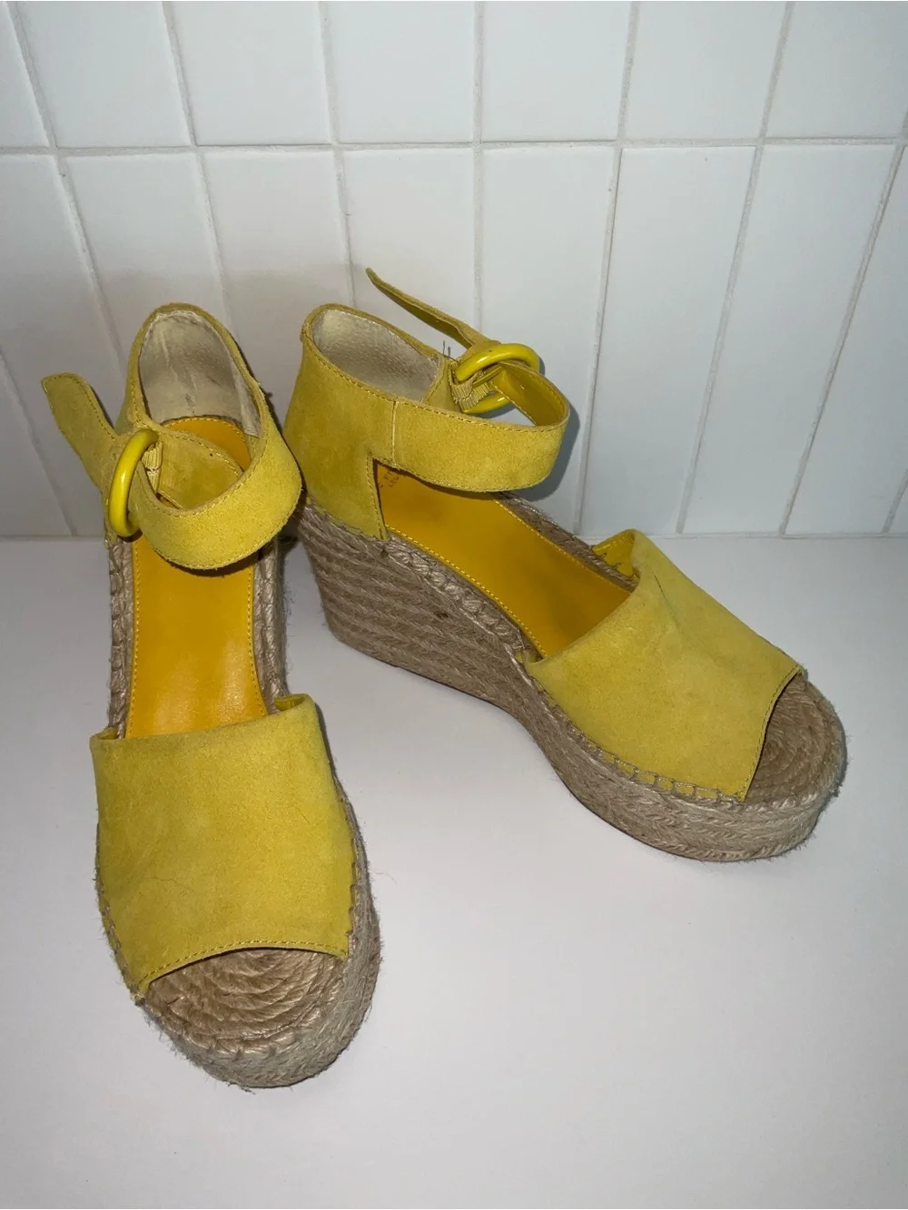 Marc Fisher Yellow Suede Espadrille Wedge Sandals